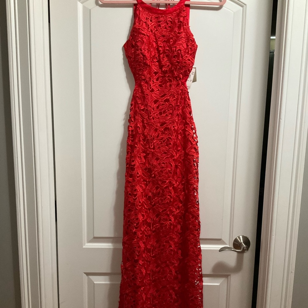 Aiden Maddox women’s red lace halter open back column gown dress 4